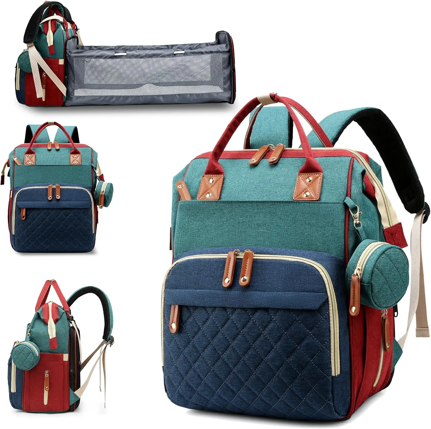 Multifunctional Diaper Backpack, 3-in-1 Waterproof Diaper Bag with Foldable Changing Station & Pad, Newborn Essentials for Baby Registry & Baby Shower Gifts, Red-Green-Blue, Multifunctional Diaper Bag