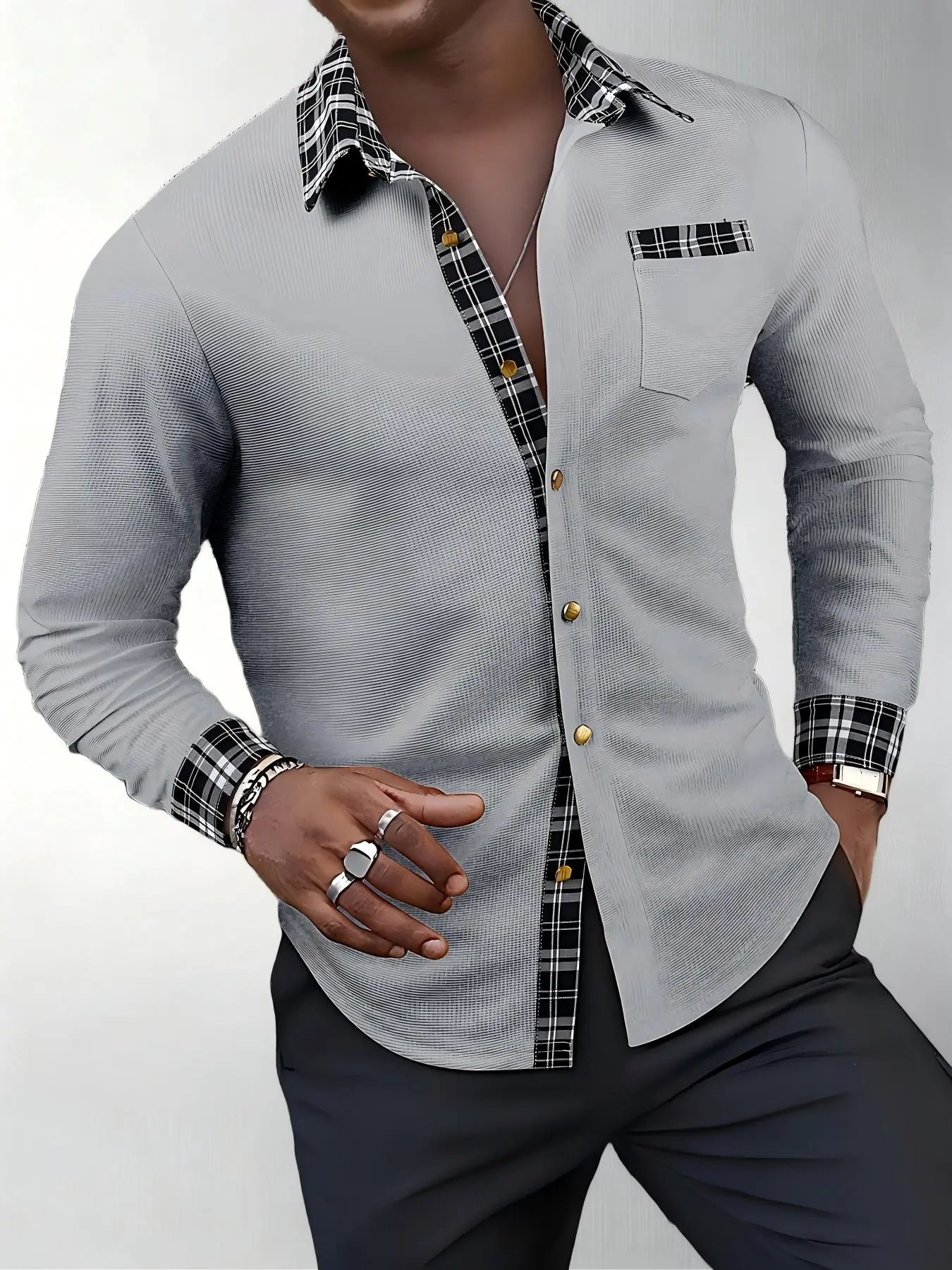 Men's textured waffle grid splicing grid metal design button long sleeved outdoor casual shirt fathersdaygift
