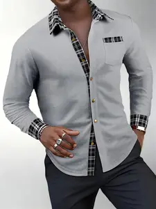 Men's textured waffle grid splicing grid metal design button long sleeved outdoor casual shirt