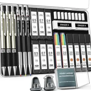 Four Candies 25PCS Mechanical Pencil Set with Case, Art supplies with Metal Pencil 0.5, 0.7, 0.9 mm & 3PCS 2mm (HB 2H 2B 4B Color) & 432 Graphite Lead Refills, Technical Drawing Kit for Teen & Adults