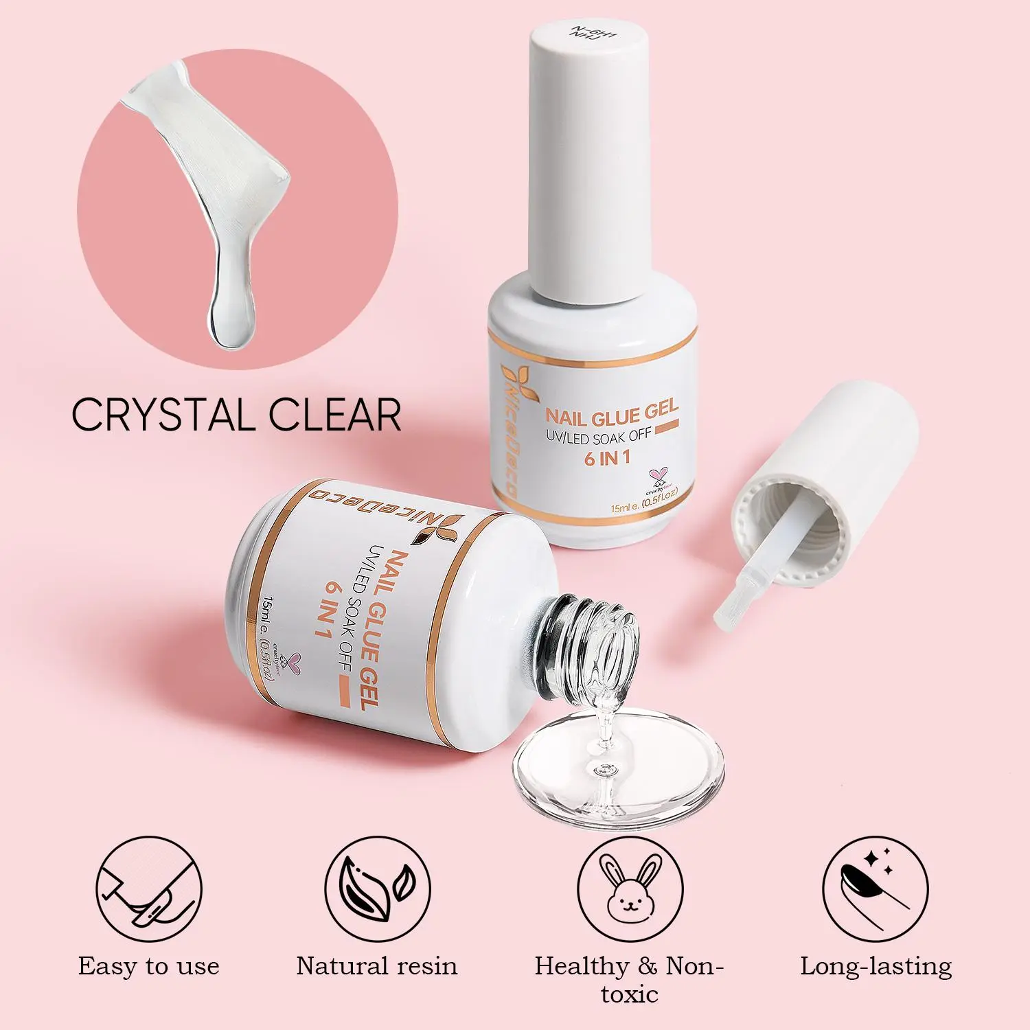 Nicedeco Gel Polish 6 in 1 Nail Glue Gel for Acrylic Nails, Hema Free, Cruelty Free, Vegan 2 Pcs 15ml Super Strong Brush in Nail Gel Glue for False Nails Tips and Gel Nail Polish Led Lamp Required Nailcare