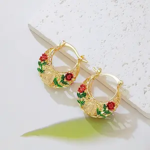 Jewelpop Gold Plated Floral Hoop Earrings, Enamel Rose Hollow Hoop Earrings for Women, Vintage Bohemian Style Jewelry