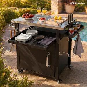 ARCH K&K 39.5" Square Stainless Steel Outdoor Grill Cart - Storage Cabinet, Metal Shelf, Spice Rack, Paper Rack, Wheels, Waterproof Cover - for BBQ, Pizza Oven Use (Outdoor Kitchen Island) Drink Organizer