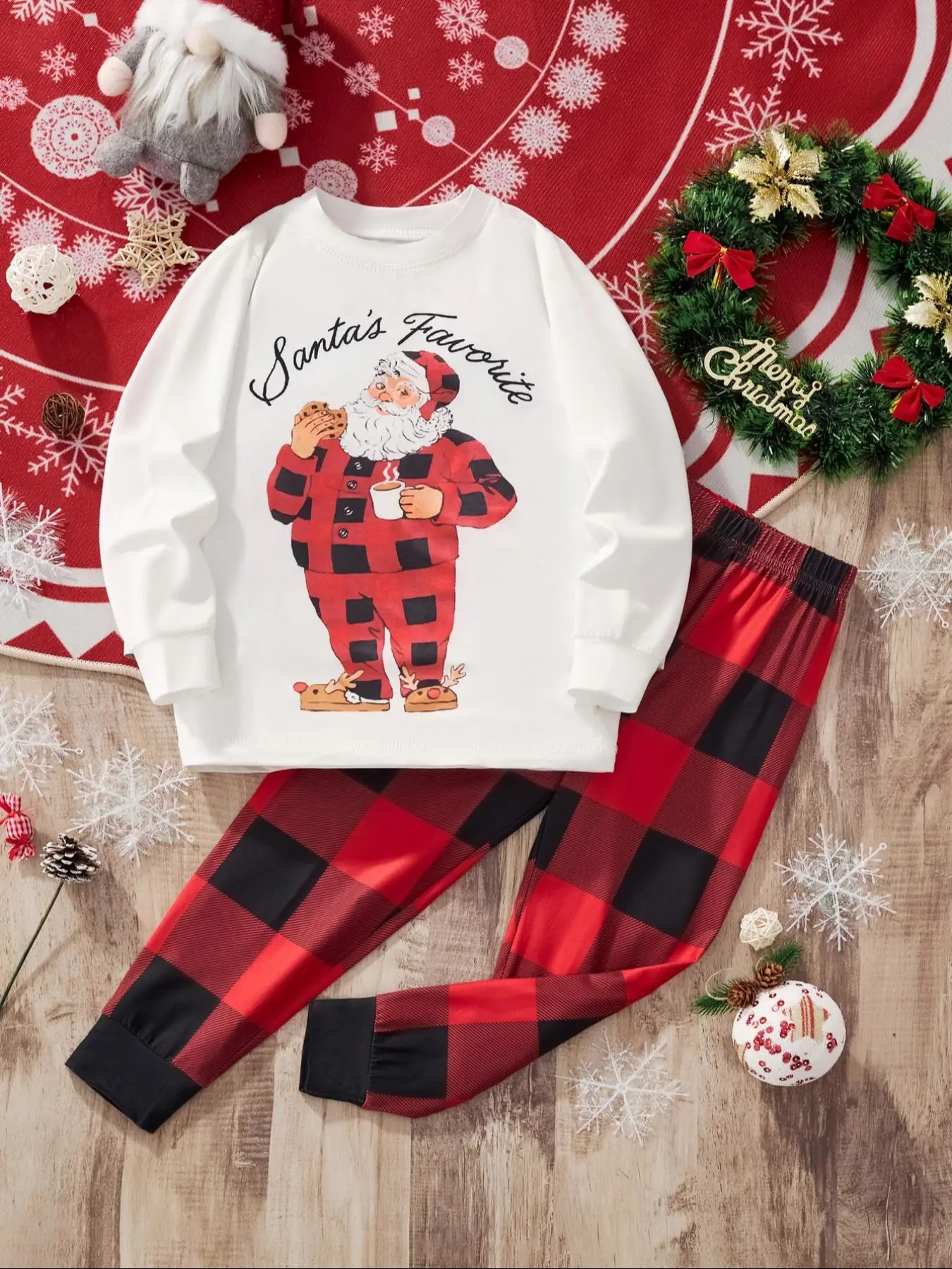 Two-Piece Set Boy's Christmas Print Sweatshirt & Plaid Print Pants Set, Casual Long Sleeve Round Neck Pullover & Elastic Waist Trousers, Kids Fall & W