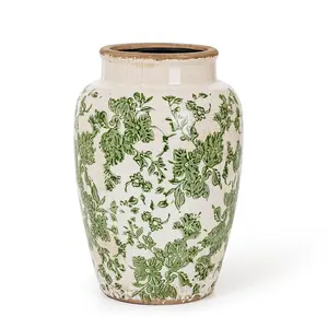 Sungmor Ceramic Flower Vase, Vintage Ice Cracked Glaze Porcelain Vase, Pretty Home Decor Vase for Flower Arrangement, Fresh Flowers, 10.2 Inch Tall Chinoiserie Pottery Vase, Floral Pattern
