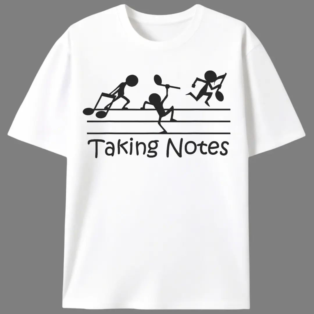 Men's 100% Cotton Stretch Knit Casual T-Shirt - Short-Sleeve, Round Neck, Fitted Cut, Vintage 'Taking Notes' Music Humor Print, Menswear Tops