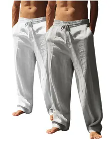 Men's 2-Pack Linen Long Pants, Fashion Drawstring Wide Leg Casual Summer Wear, Breathable Elastic Waistband for Beach Outdoor Daily Use, fall outfits