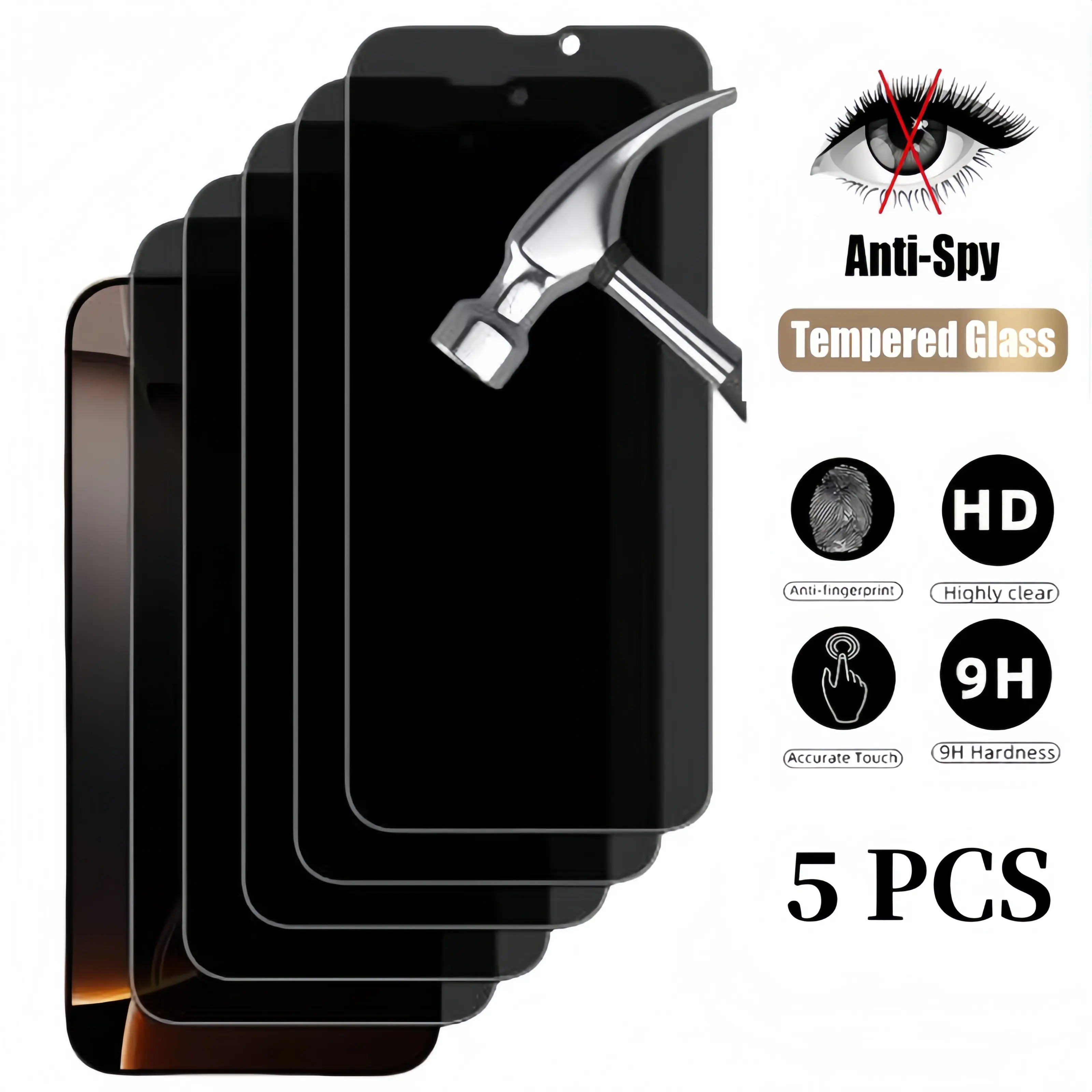 5PCS Anti-Spy Tempered Glass Screen Protector for iPhone 13/14/15/16/16E/17 (Air, Pro, Max, Plus) - 9H Hardness, Ultra-Thin, Oil-Repellent Coating, Case-Friendly - Smartphone/Handheld/Cellphone Devices Protection, Durable