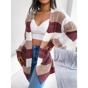 Women’s color-blocked off-shoulder long-sleeve cardigan, autumn and winter casual pocket cardigan, fashionable women’s knitwear for everyday wear GARMENTARY