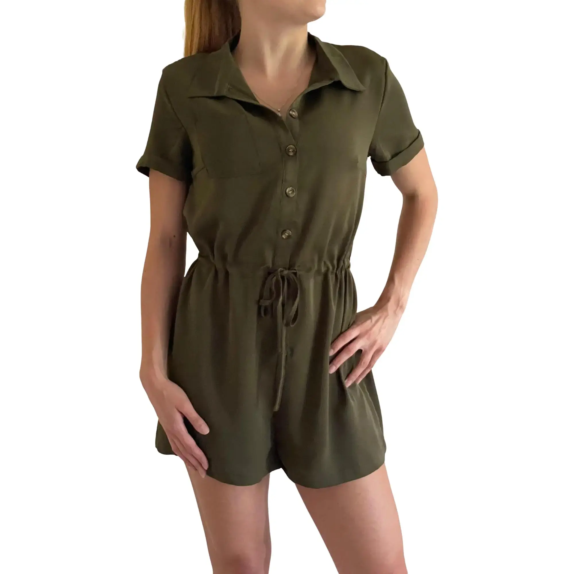 Army Green Button Down Drawstring Waist Romper Collared Comfort Casual Overalls Suits shirtromper Womenswear Fit bodycon solid Minimalist