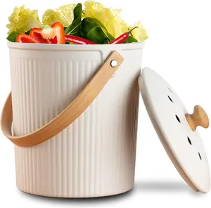 Countertop Compost Bin with Lid, Made of Sustainable Bamboo Fiber, Odorless Kitchen Compost Bucket, 1 Gallon, Cream
