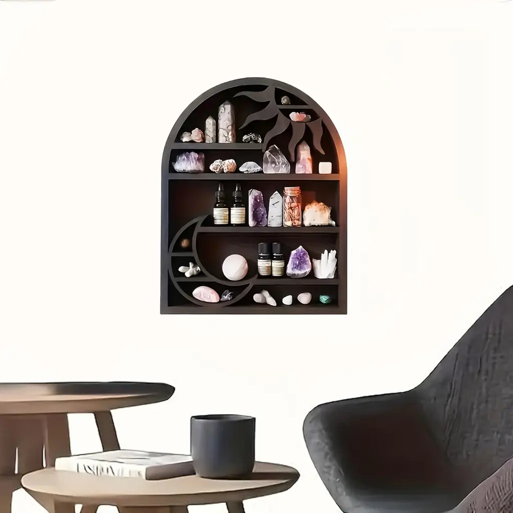 Boho Style Wall Mounted Storage Rack, 1 Count Wooden Storage Rack with Moon & Sun Design, Home Organizer for Crystal & Perfume & Essential Oil, Wall Organizer Shelf, Wall Shelf Unit, Organizing