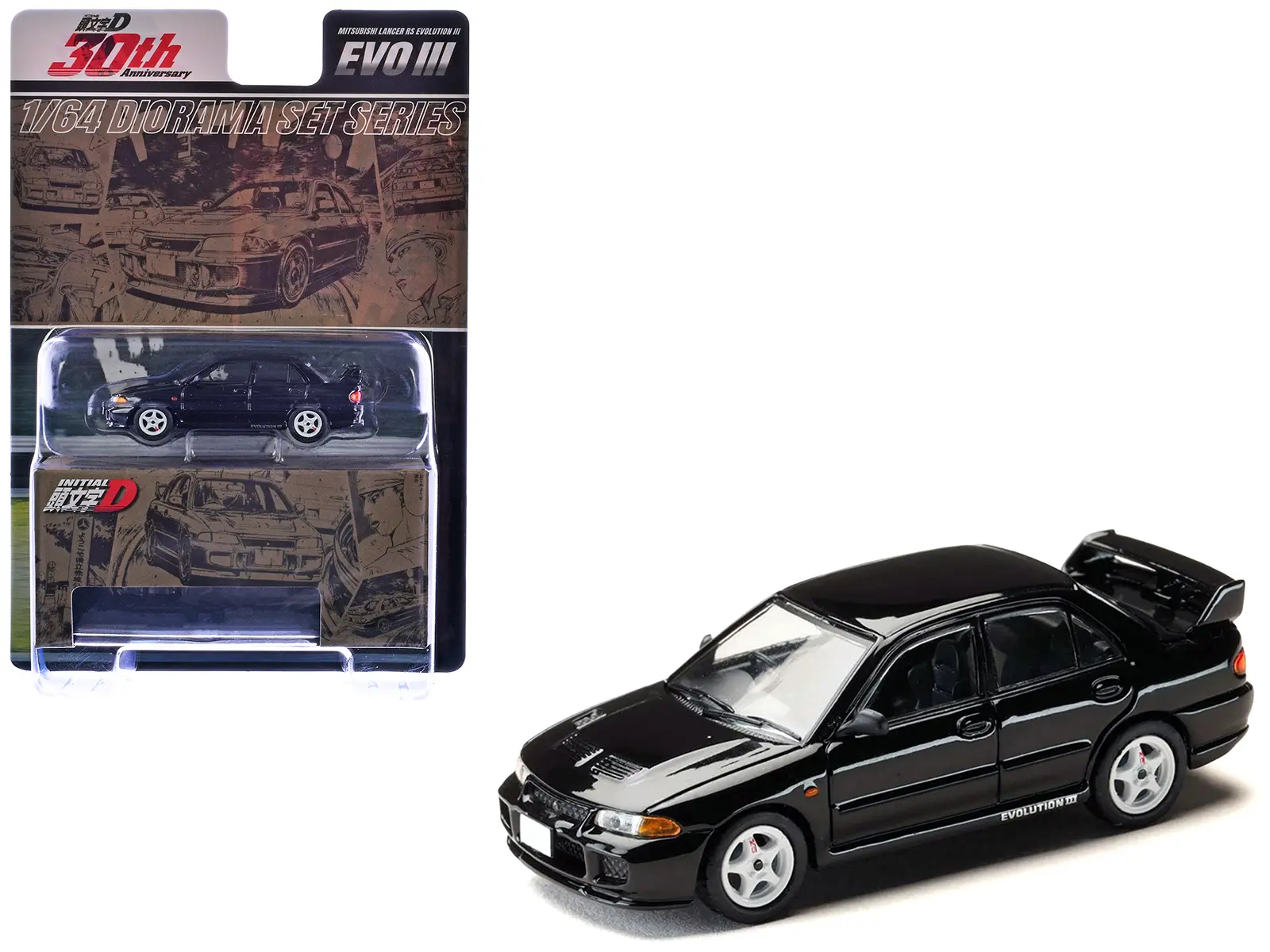 Mitsubishi Lancer RS Evolution III RHD Black "Initial D" (1995-2013) Manga Diorama Set 1/64 Diecast Model Car by Hobby Japan