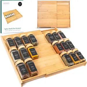 Expandable 4 Tier Spice Rack, Fits 3" Deep Drawer, Adjustable 12" to 24" Wide, Seasoning Organizer Insert for Kitchen Drawer, Jars Not Included