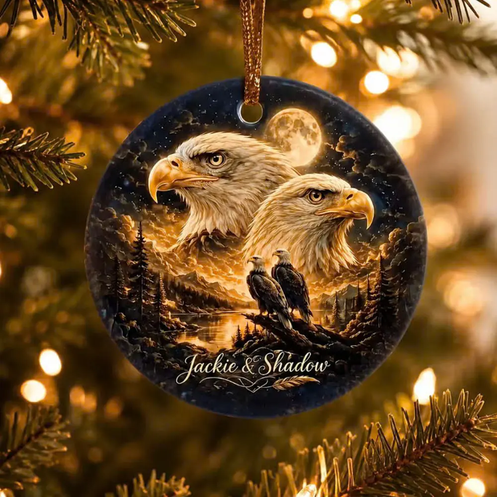 Jackie Ceramic Bald Eagle Tribute Ornament with Shadow, Big Bear Eagle Couple Graphic Print, Glossy Finish Christmas Keepsake, Hanging Ornament