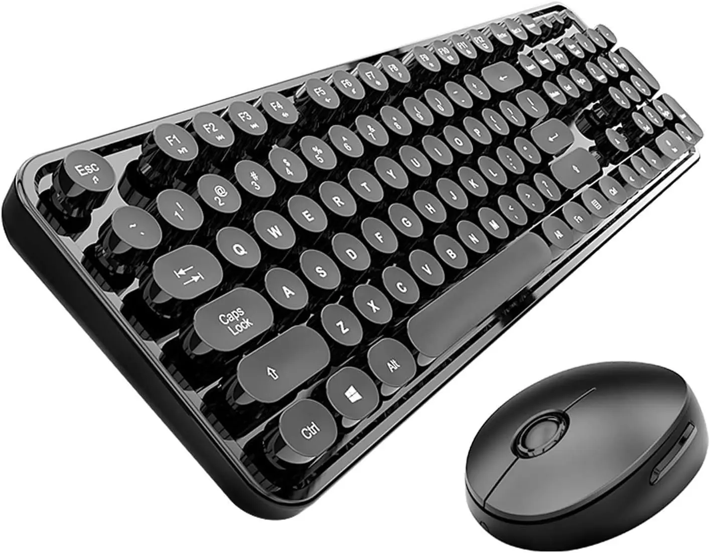 Retro Typewriter Style Keyboard with Round Full-Size Keys & Optical Sensor Mouse Combo, 2.4GHz Dropout-Free Connection, DPI Adjust, Power Save, Compatible with PC/Laptop Windows XP/7/8/10 (Black)