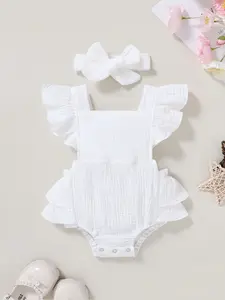 Baby Girl Soft, Comfortable, Cute Ruffled Edge Jumpsuit With Headband Set Suitable For Summer Leisure Vacation Parties