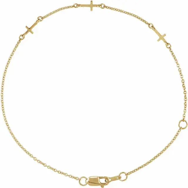 Pulsera de Oro Amarillo 14K con Tres Cruces Ajustable de 6½” a 7½”