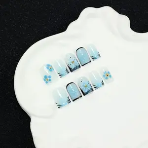 10Pcs Handmade 3D Acrylic Press On Nails, French Style Blue Flower, Elegant Fashionable Rhinestone Decorated Fake Nails, Y2K Bad Girl Style Reusable Detachable False Nails, Waterproof Long Lasting Nails, Quick Dry DIY Nails with Tool Kit, Holiday Limited
