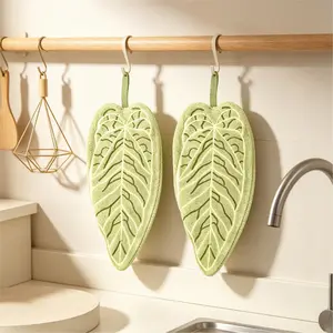 2 Pcs Forest Series Tropical Leaf Hand Towels, Embroidered Coral Fleece Hanging Towels, Realistic Plant Leaf Shaped Thick Soft Absorbent Washcloths, Reusable Multipurpose Cleaning Rags for Kitchen Bathroom Home Decor