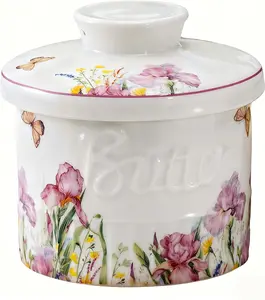 Butter Crock with Lid for countertop, Ceramic  Butter Dish with Water Seal, Floral Butter Keeper for Spreadable Butter, Butter Container Holder for Kitchen and  Decor,  Floral