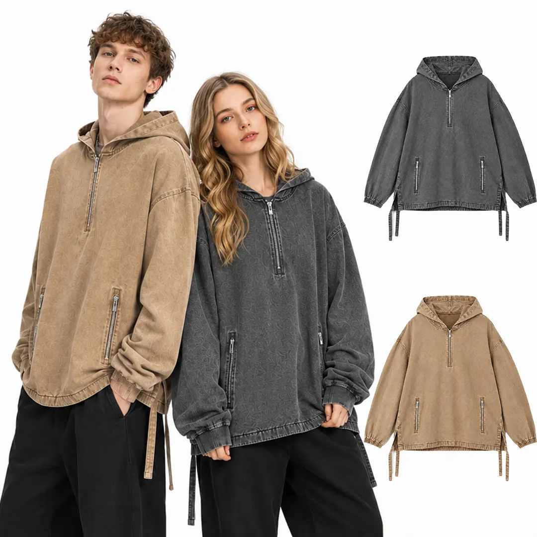 Gihuo Unisex Cotton Washed Denim Hoodie Vintage Oversized Half Zip Pullover Sweatshirt with Zip Pockets, Long Sleeve Casual Hooded Sweatshirt for Baggy Cargo