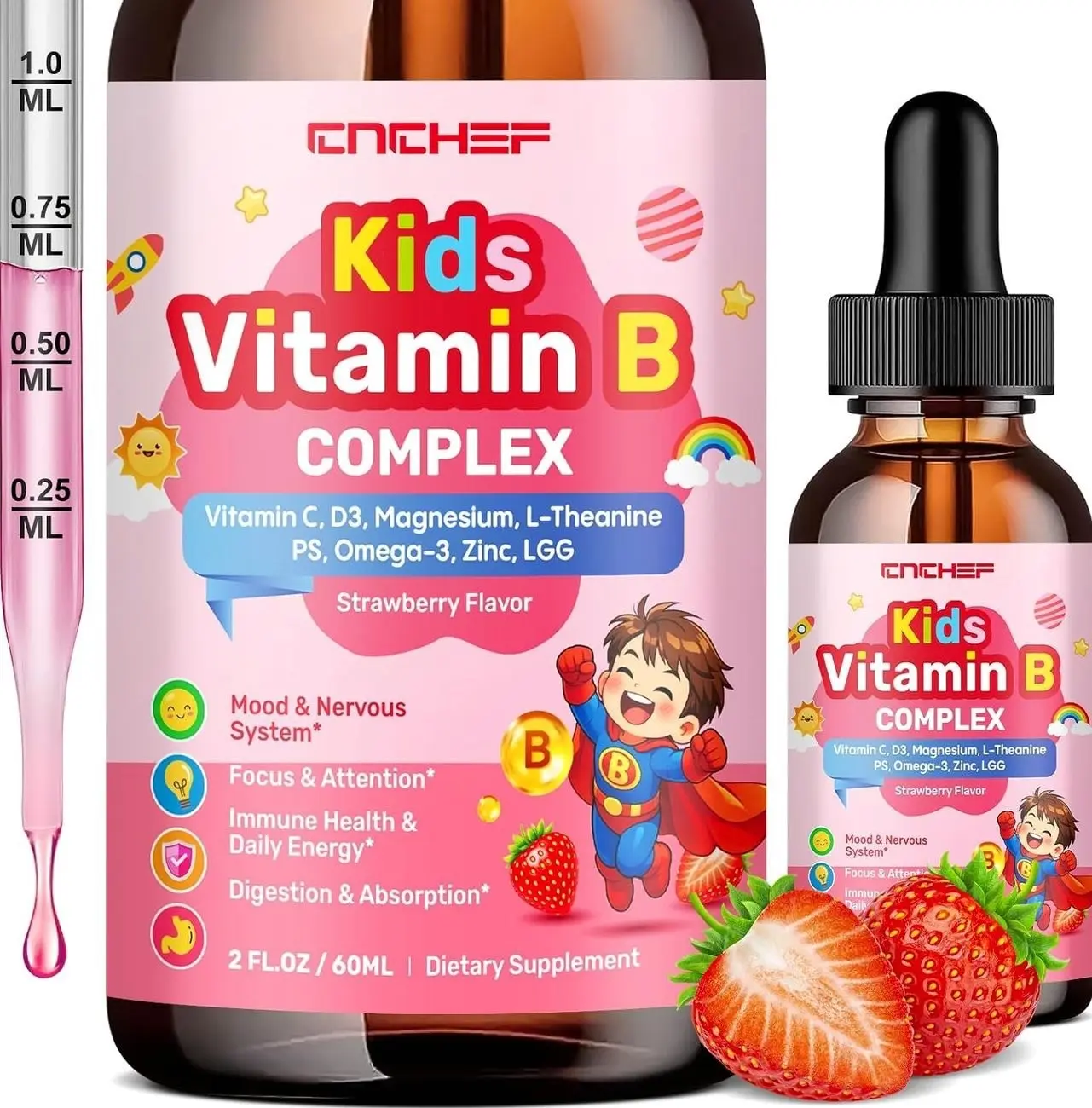 Vitamin B Complex for Kids, B1, B2, B3, B6, B9(Folate), B12, Omega-3 & Magnesium, Kids B Complex Liquid Supplement for Brain, Energy, Focus, Metabolism, Gut & Immune Support,Strawberry Flavor,2 fl oz