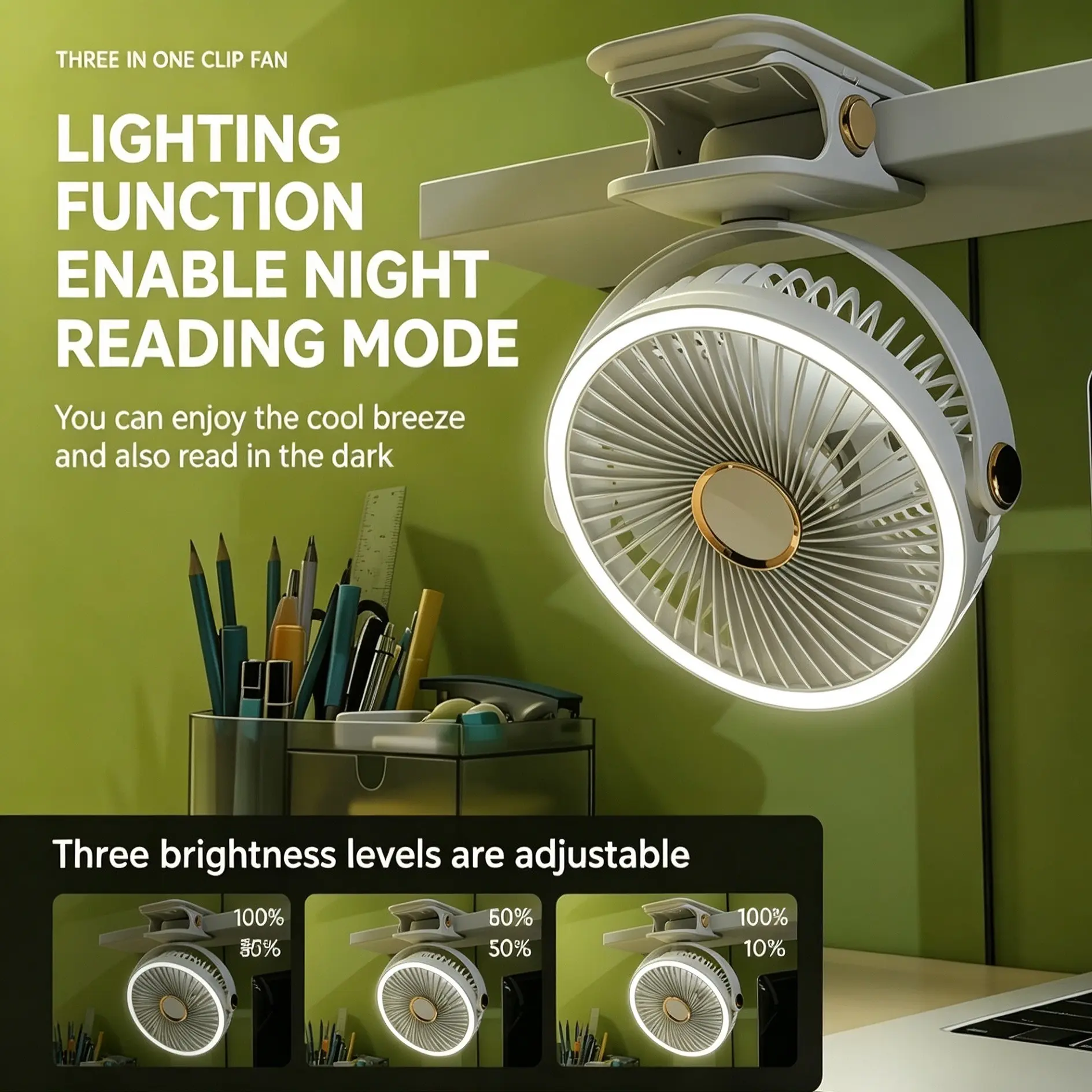 Portable USB charging desktop lighting fan, hanging fan, clip-on fan, 5-speed wind speed adjustment, long battery life, 3 lighting modes, multiple placement methods, Mother's Day gifts, suitable for outdoor activities, travel and work and other scenarios
