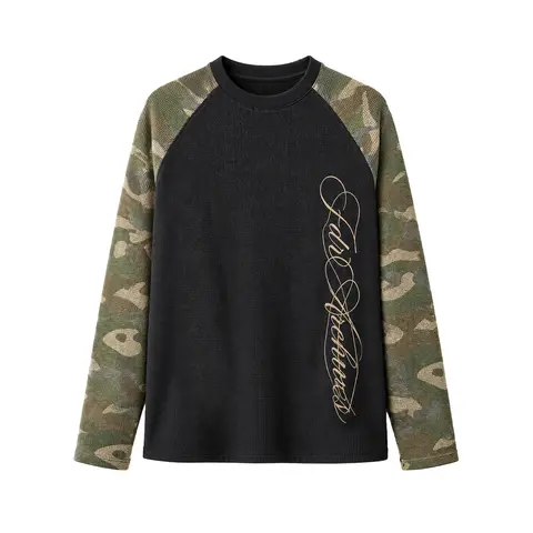 FDR Unisex Camo Colorblock Raglan Long Sleeve Top, Script Graphic Contrast Sleeve Sweatshirt with Vintage Y2K Streetwear Style