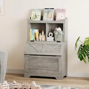 Kids Bookshelf and Toy Storage with Flip Top Lid, Wooden Toddler Bookcase Cabinet with Cubbies, Toy Storage Organizer with Bookshelf for Playroom Bedroom Nursery Classroom