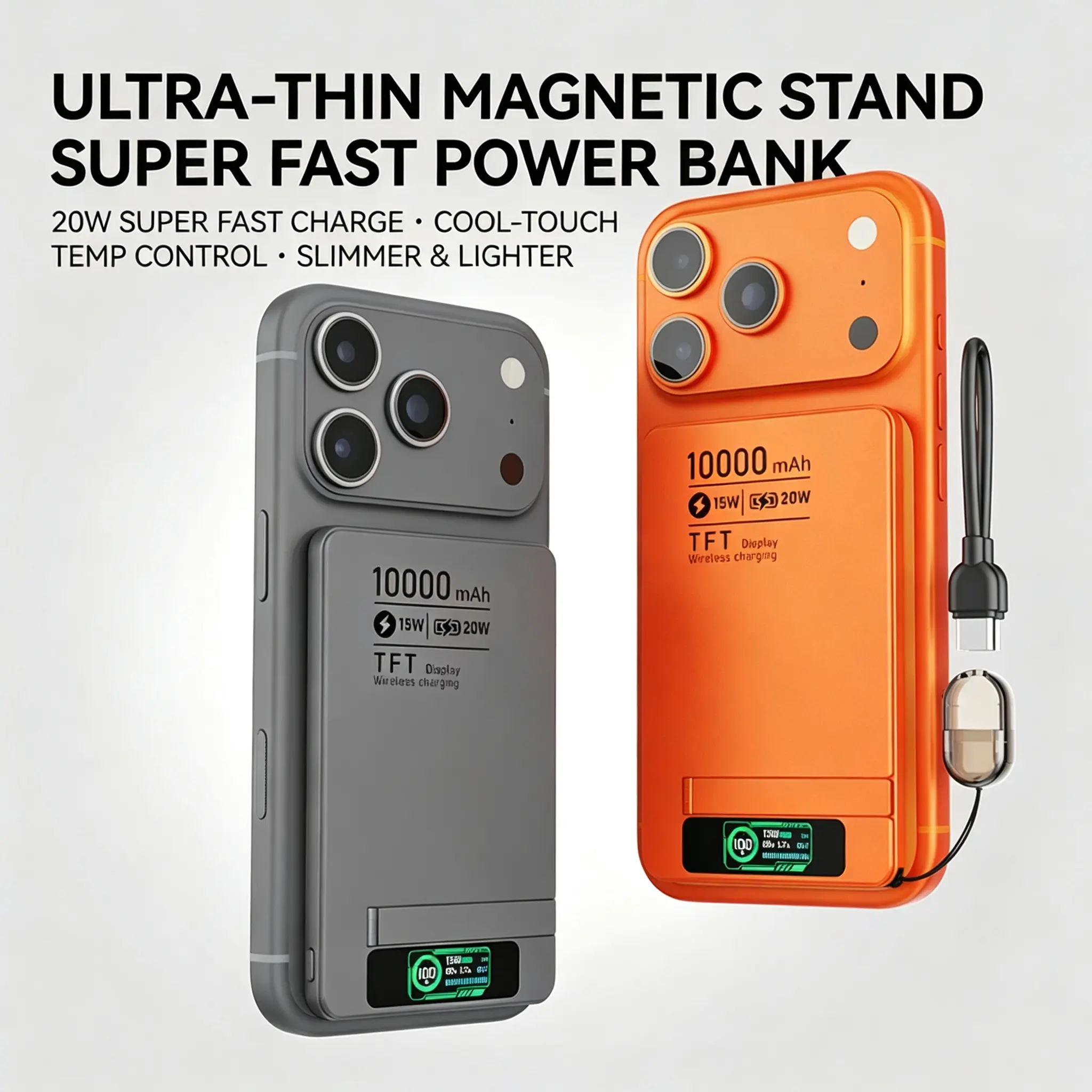 Qi2 Ultra-Slim Magnetic Power Bank with Foldable Stand, 10000mAh 20W PD Fast Charge, TFT Digital Display Cool Touch Temp Control MagSafe Wireless Charger, Airplane Safe Portable Battery Pack for iPhone 12/13/14/15/16/17 Series