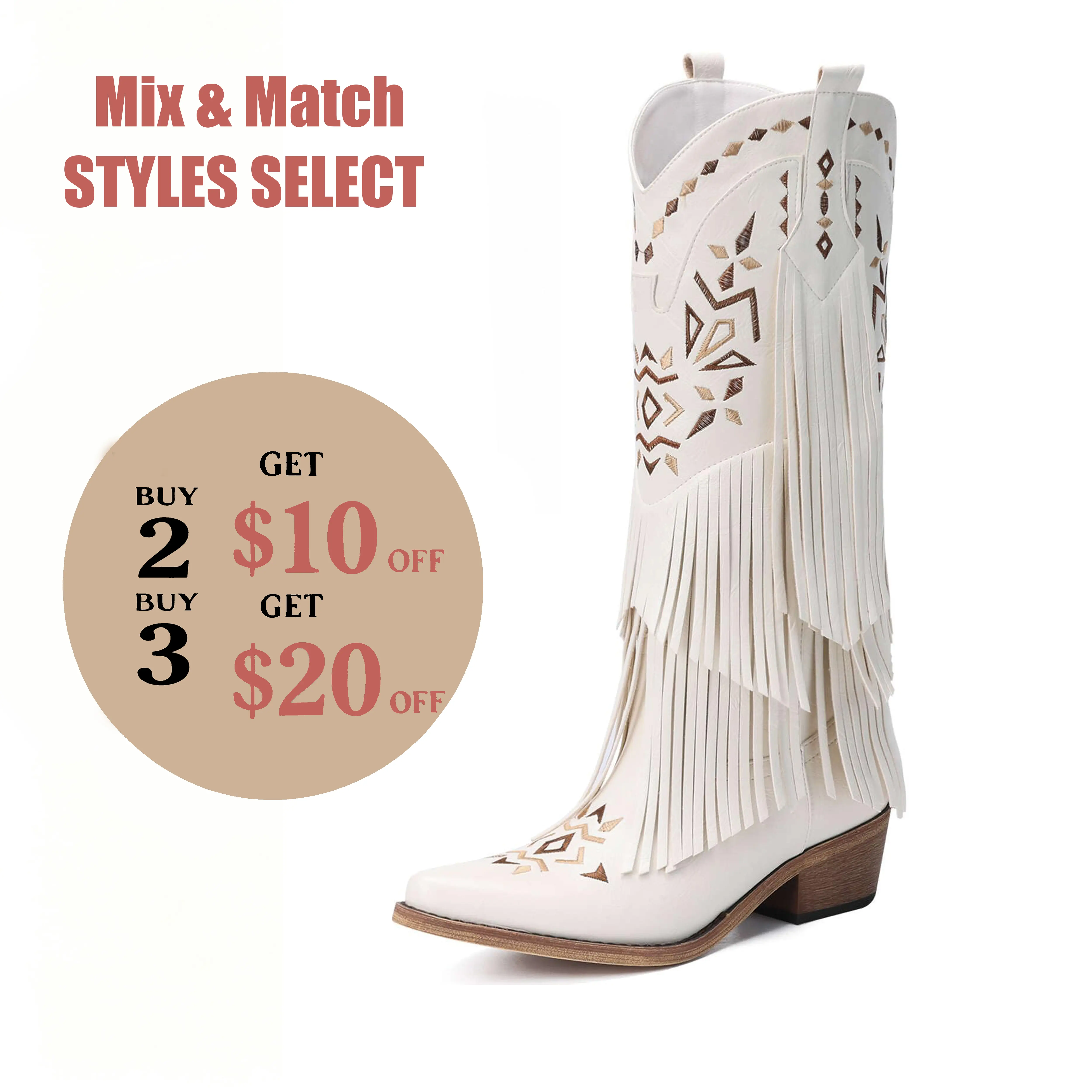 【Clearance】Cowboy Boots for Women - Fringe Knee High Cowgirl Boots with Classic Embroidery, Pointed Toe, Retro Design for Western Parties and Weddings Comfort  Walking Shoes Decor fall boots Footwear White