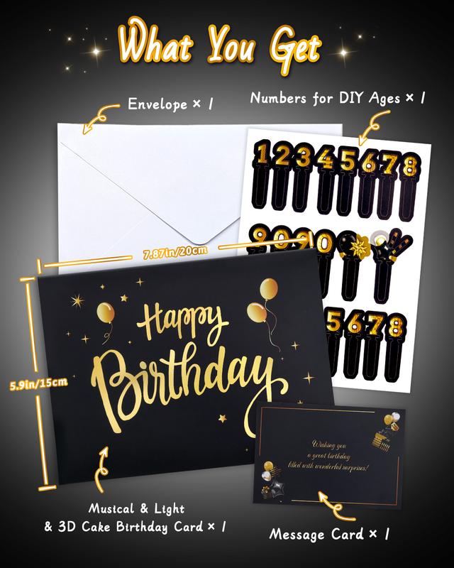 Birthday Pop-Up Card with 3D Cake & Fireworks, DIY Number 1-99, Musical Birthday Song, Black & Gold Design with Envelope, Special Gift Greeting Card