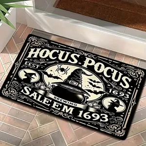 Halloween Hocus Pocus Salem Witch Hat 1693 Door Mat - Non-Slip, Thick Sponge, Absorbent Bath Mat with Spider & Bat Decor, Ideal for Living Room, Bedroom, Bathroom, Kitchen - Home & Room Decor, Halloween Decoration