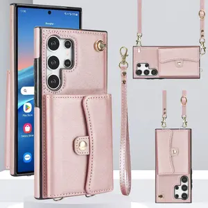 Pure Color Wallet PU Leather Lanyard Anti-Drop Case for Galaxy S26/s25/24/23/22/21 Ultra Plus S24 Fe with Card Holder Stand Rfid Shield Shockproof Cover