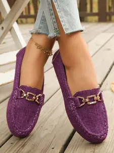 New All-Season Canvas Metal Buckle Loafers, Comfortable Soft Sole Women's Shoes, Casual Round Toe Slip-On Sneakers