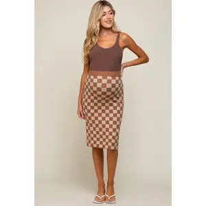 Beige Checkered Knit Maternity Skirt