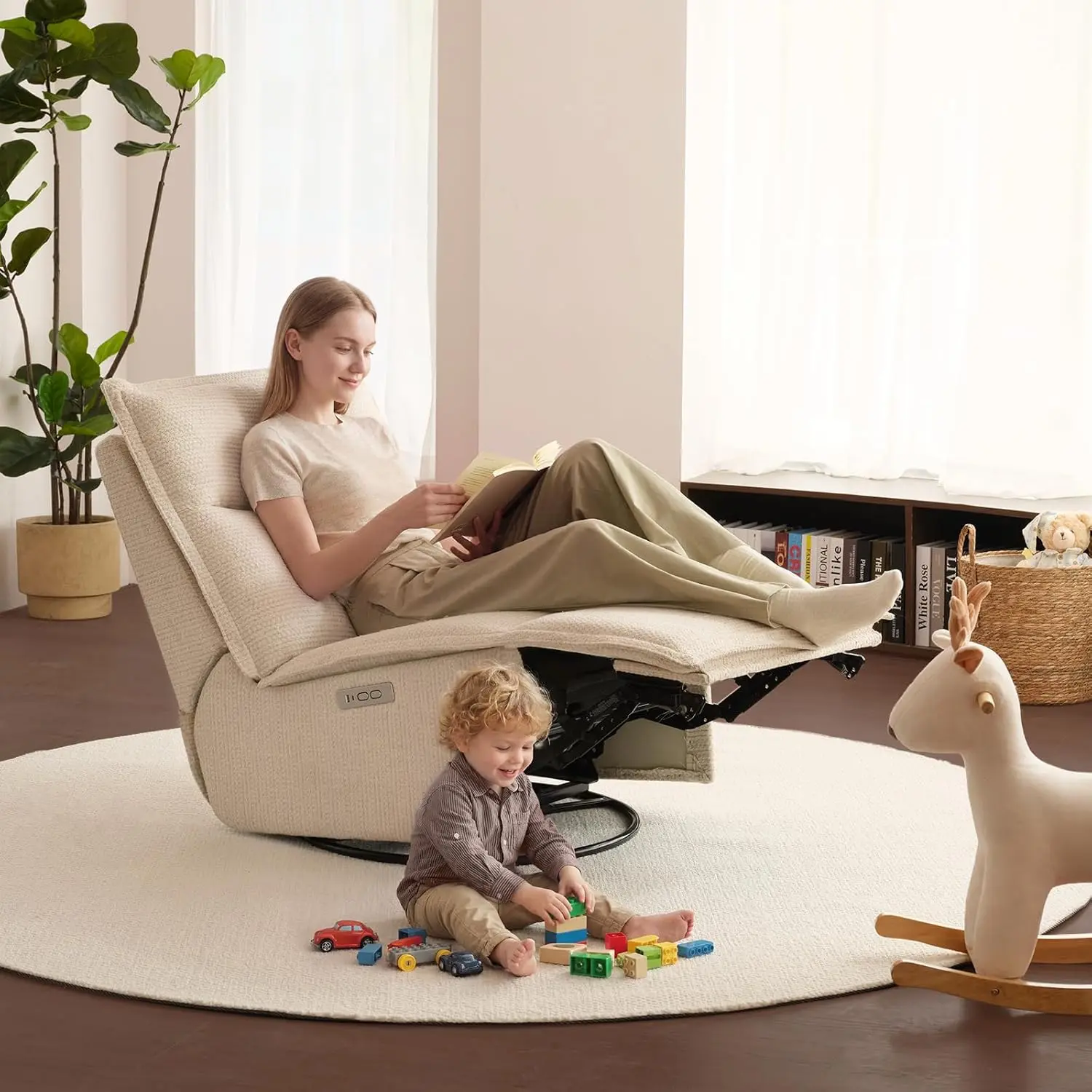 [2 Packages Shipping]ModernMate Armless Adjustable Angle Power Recliner Chair - 29" Extra Wide Seat, 270° Swivel, USB & Type-C Charging Ports, OEKO-TEX Upholstered Fabric, Easy Assembly, Beige for Living Room, Bedroom, Adjustable Angle Recliners