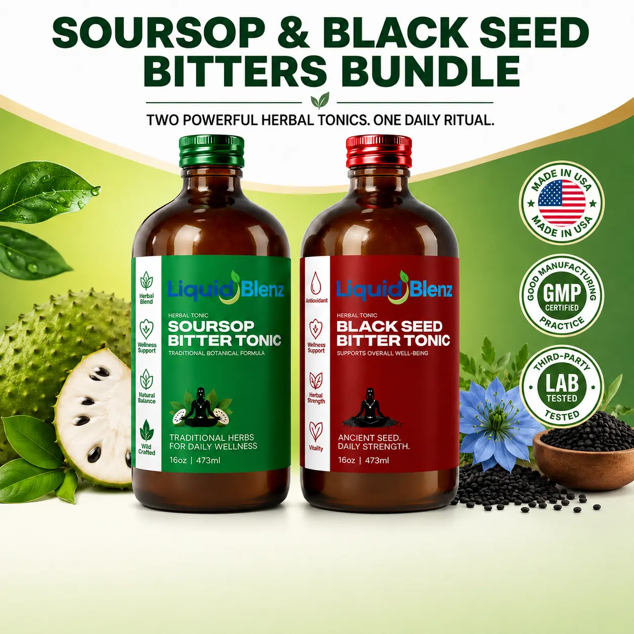 Soursop & Black Seed Bitters Bundle | Herbal Liquid Tonic with 65+ Botanicals — Soursop, Black Seed, Sea Moss, Moringa & Ginger | Non-GMO, Vegan, USA-Made (2x 16 fl oz)
