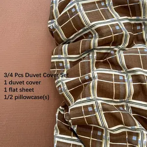 Brown Blue Gingham Buffalo Plaid Duvet Cover Vintage Checkered Decorative Duvet Cover Set Full 3/4 Pieces Retro Grid Bedding Set with Zipper Closure Corner Ties, Soft Breathable