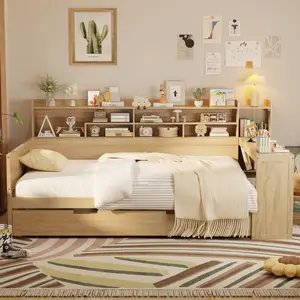 Full Size Corner Bed Frames with Desk and Trundle & Storage Shelves Headboard, Pinewood Captain Daybed for Small Room, Bedroom, Guest Room, Natural