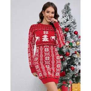 Women's Ugly Christmas Sweater Long Sleeve Round Neck Slim Mini Dress Red M