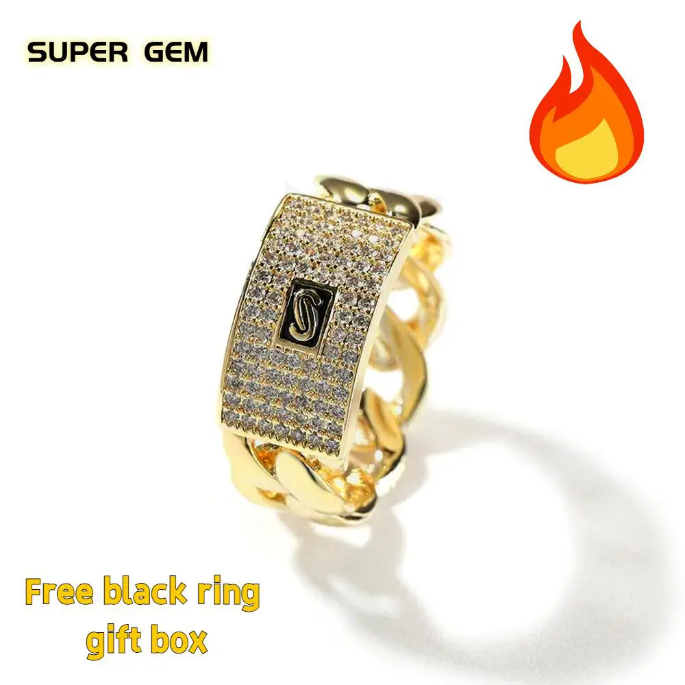 Cuban Chain Ring Niche Design Iced Out Zircon, Hip Hop personality Fashion, Hip Hop Ring for Men and Women with Gift Box, ink Chain Rings, Size #6-#10