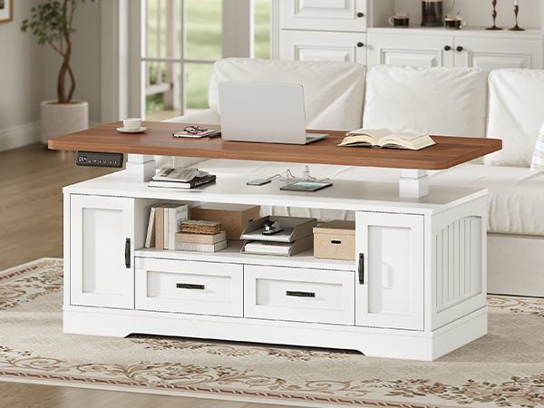 SEDETA 47.2" Electric Standing Coffee Table with Storage, Farmhouse Lift Top Coffee Table with Drawers and Open Shelves, Height Adjustable Tables with Power Outlet, for Living Room