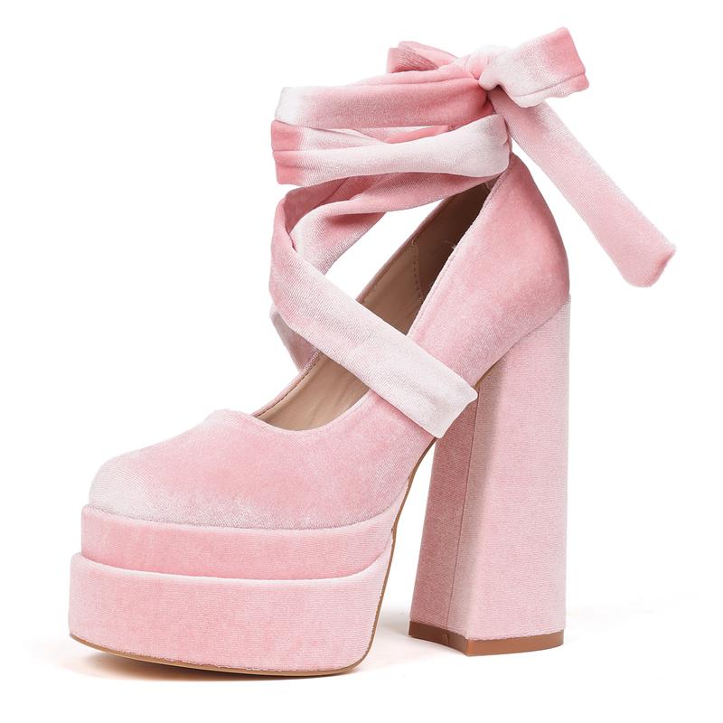 CYNLLIO Womens Mary Jane High Heels Square Toe Cross Tied Lace Up Bow Slip On Comfy Platform Chunky Heeled Dress Outing Wedding Party Casual Cosplay Spring Pump Shoes Valentine Gifts