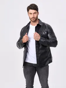 Men's Vintage Crocodile Leather Shirt Jacket, Casual Loose Fit Long Sleeve, Fall Winter Motorcycle Outerwear, Zip Pocket Design, Coats, Menswear