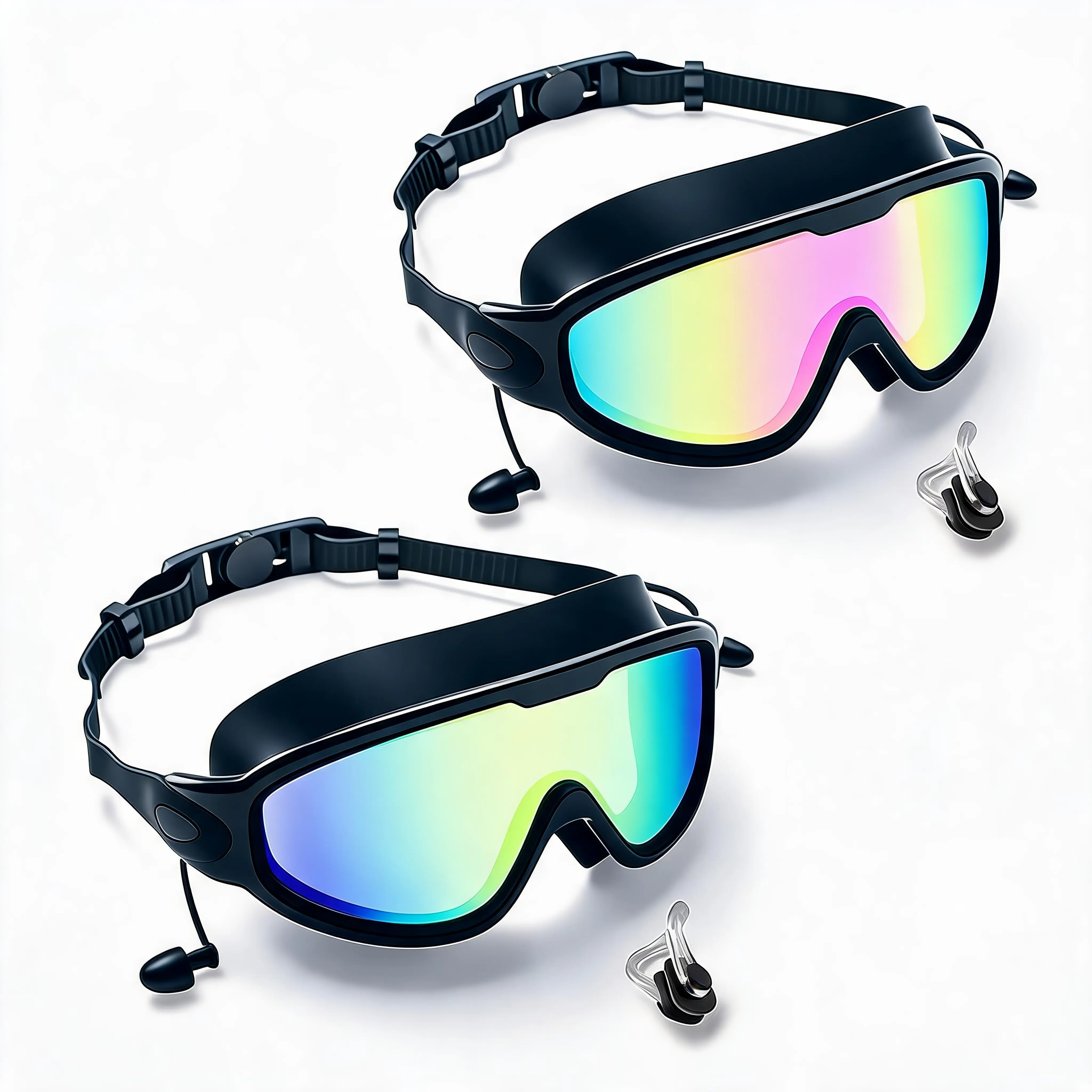 2 Pack Wide Frame Swim Goggles Anti Fog UV Protection No Leak Swimming Goggles with Earplugs Nose Clip for Men Women Adults Pool Beach Essentials
