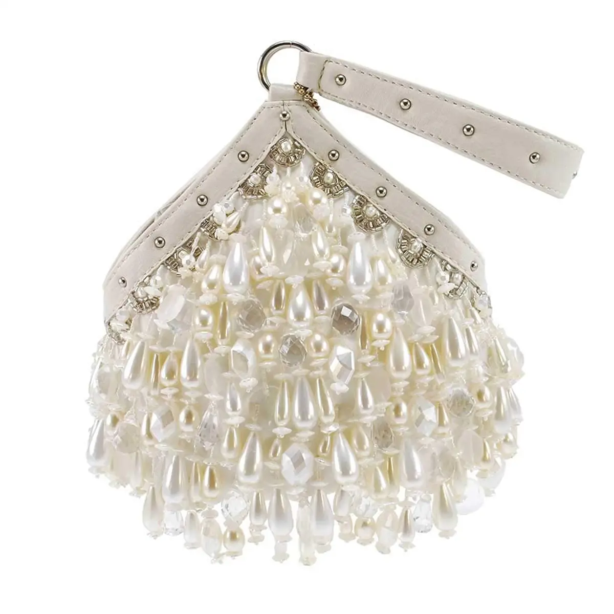 Mary Frances Pearl Persuasion Clutch - Chic Cream Faux Pearl Embellished Compact Bag for Evening Events, Wrist Strap, Beaded Pearl