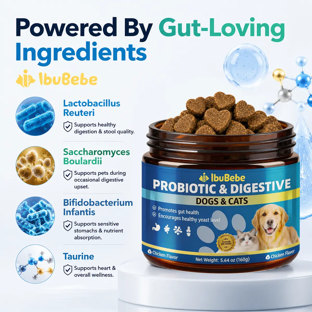 Probiotics for Dogs & Cats Soft Chews | Gut Health, Digestive Support & Healthy Yeast Balance Supplement, Chicken Flavor, 160g prebiotics