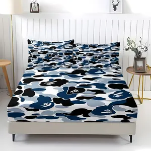 Black and white spliced camouflage printed pattern bed sheet, comfortable printed pattern, including 1 bed sheet and 2 pillowcases, comfortable bedding, anti slip dust cover suitable for bedrooms and guest rooms, suitable for children and adults as gifts